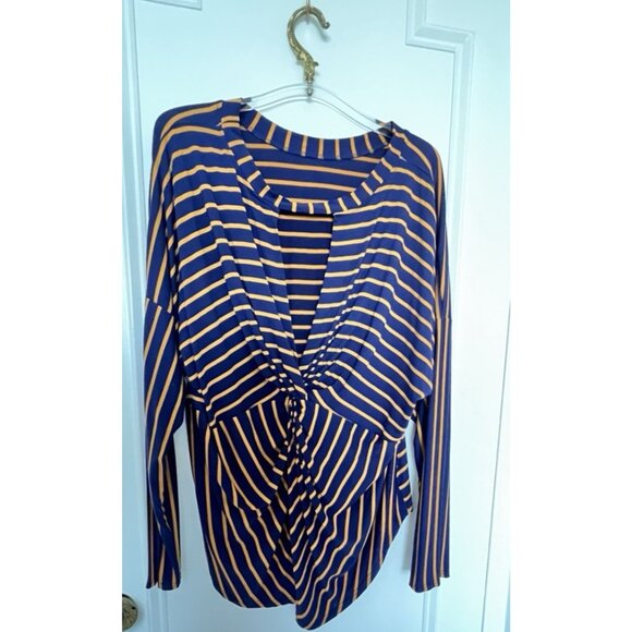 NWT Navy Mustard Top US Sz 14 Striped Rusched Blouse EU Sz 46 UK Sz 18 George - Picture 5 of 13